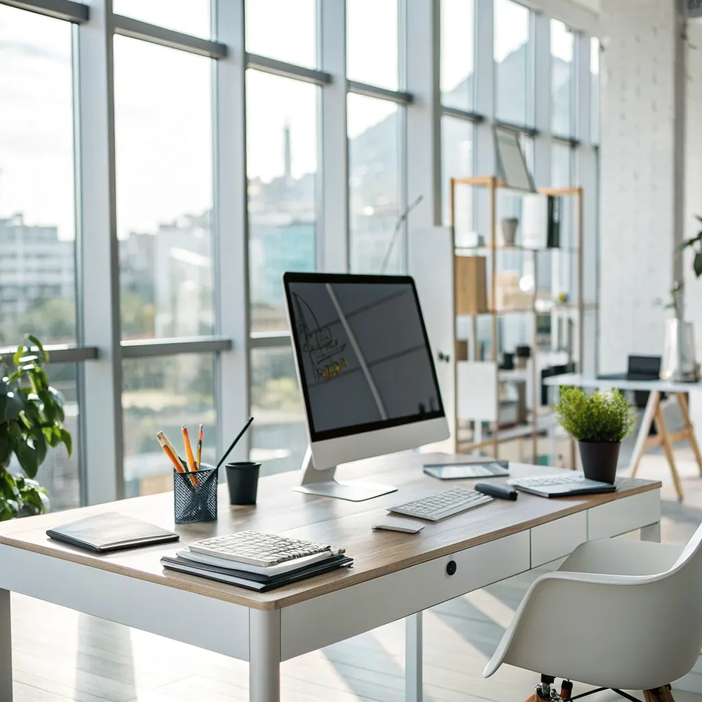 A modern office with a desk and computer